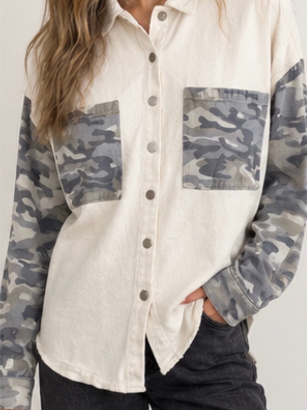 POL Cream + Camo Shacket — Size M